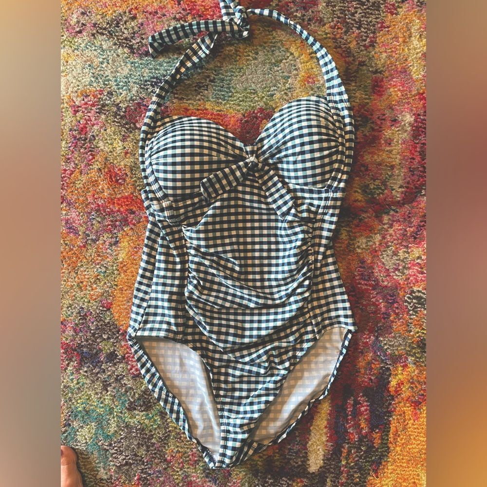Merona Women’s Blu/Teal/Wht Checked Halter Swimsuit W/Rushing Sewn In Cup sz M